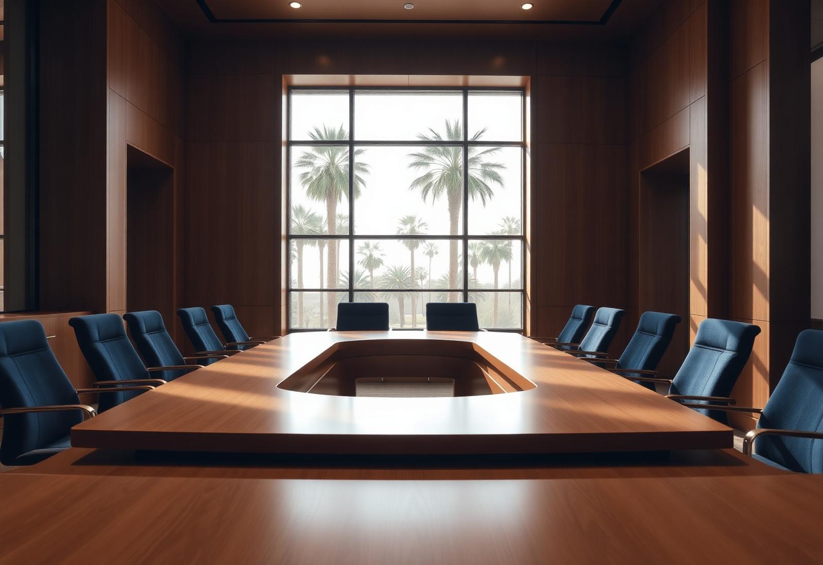 Refined boardroom with view of Florida palms
